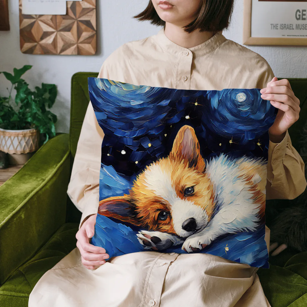 Dog Art Museumの【星降る夜 - ウェルシュコーギー犬の子犬 No.2】 Cushion