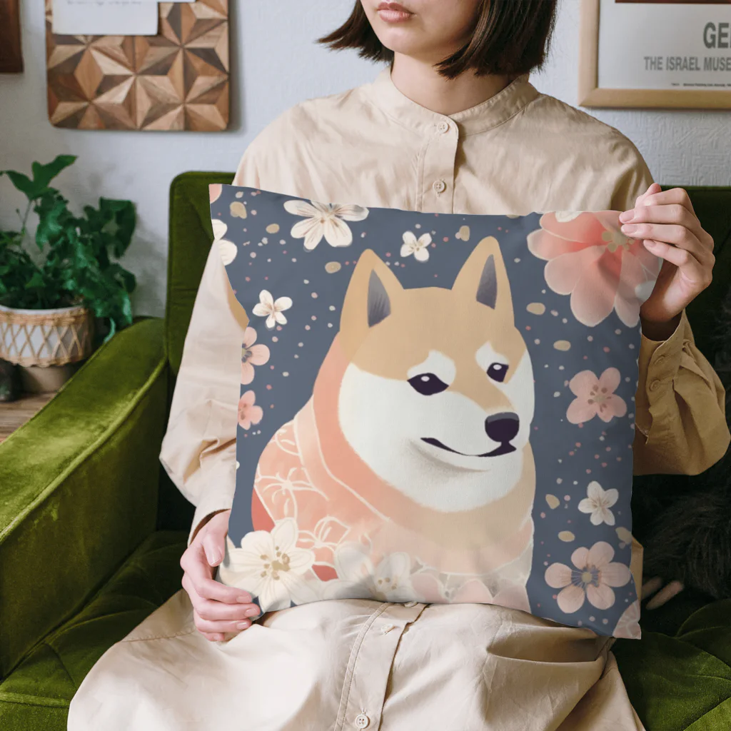 Grazing Wombatの日本画風、柴犬と桜２-Japanese-style painting of a Shiba Inu with cherry blossoms 2 クッション