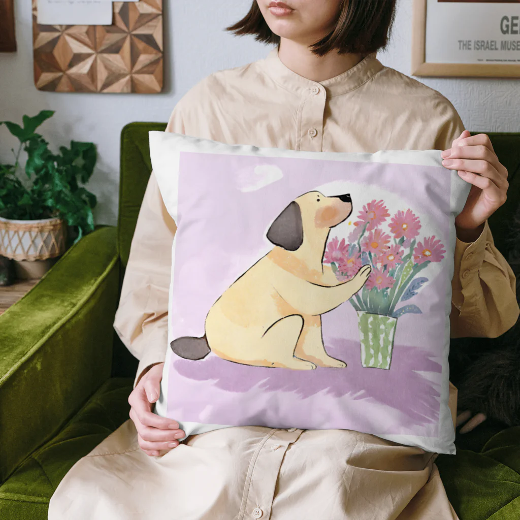 人間界で生きるわんこ | 犬イラストのお花を愛でるわんこ（AIイラスト） Cushion