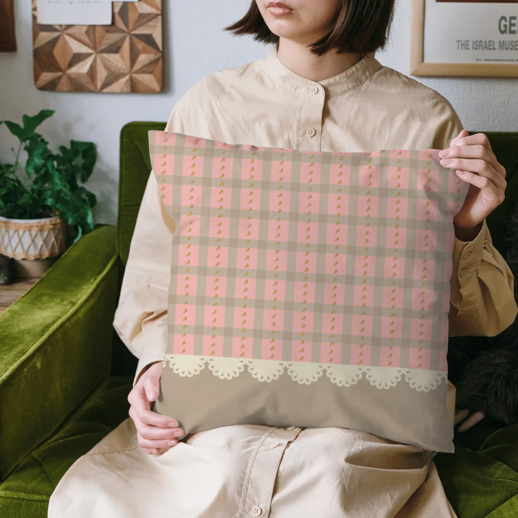 So湖いらの「びわこチェックレース柄」クッション Cushion