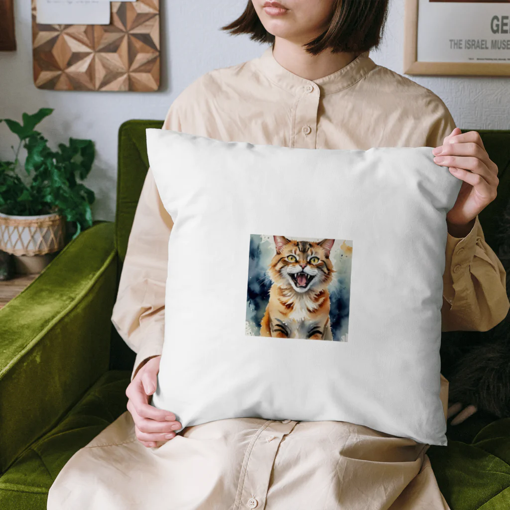 おさけふざけ＠アル中戦隊の怒った猫の表情が鮮やかに描かれた水彩画 Cushion