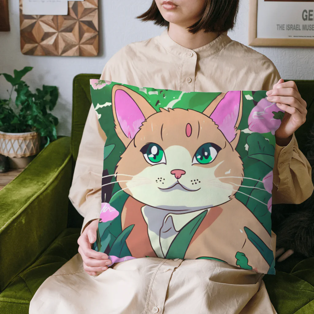 キュート＆クールのアニメ調・花畑の猫 Cushion