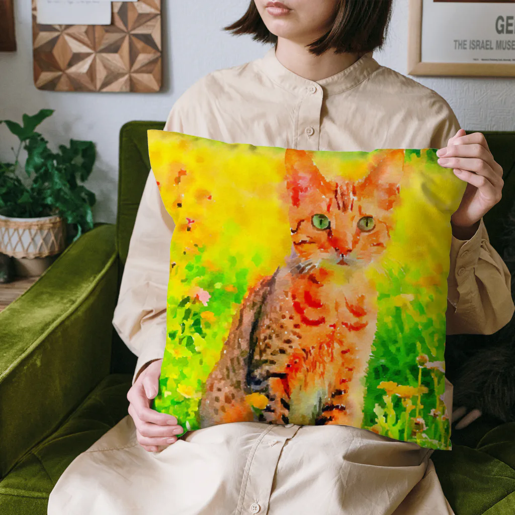 猫好きの谷の猫の水彩画/花畑のオシキャットねこのイラスト/キジトラネコ Cushion