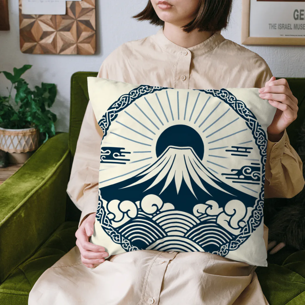 Cool Japanese CultureのMinimalist Traditional Japanese Motif Featuring Mount Fuji and Seigaiha Patterns Cushion