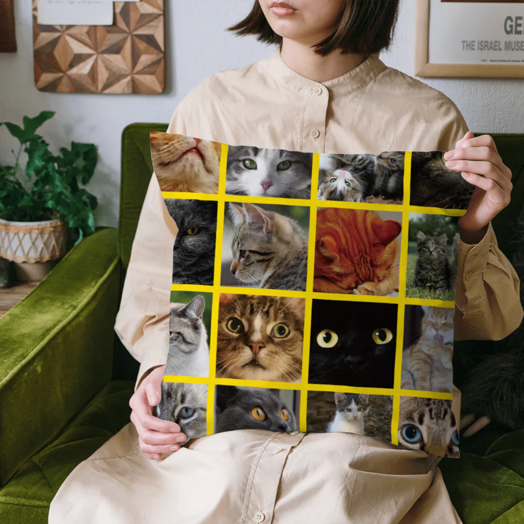 funny-boneの猫にゃ パッチワーク風 cat patchwork イエロー yellow Cushion