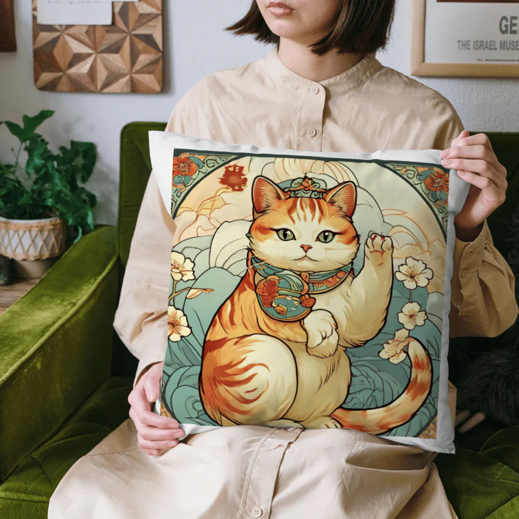 ゆまちゃんの開運雑貨屋さんのお客様を招く左手招き猫ミュシャ風 Cushion