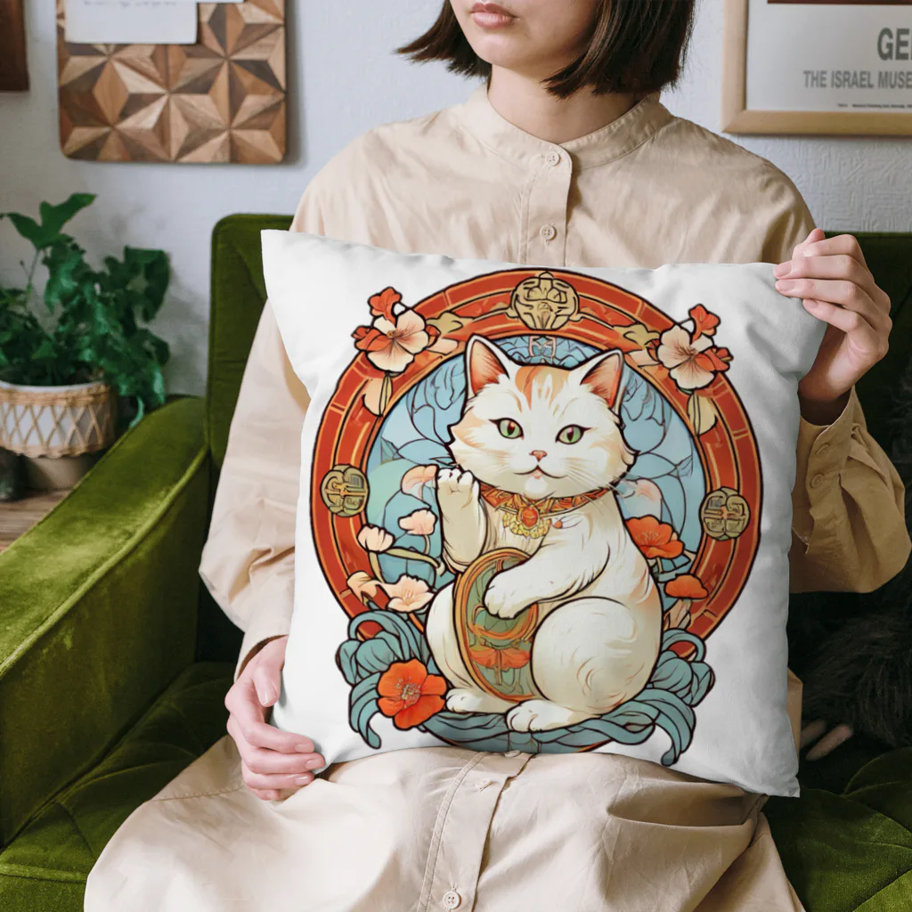 ゆまちゃんの開運雑貨屋さんのカモーンキャット？欧米の招き猫ミュシャ風 Cushion