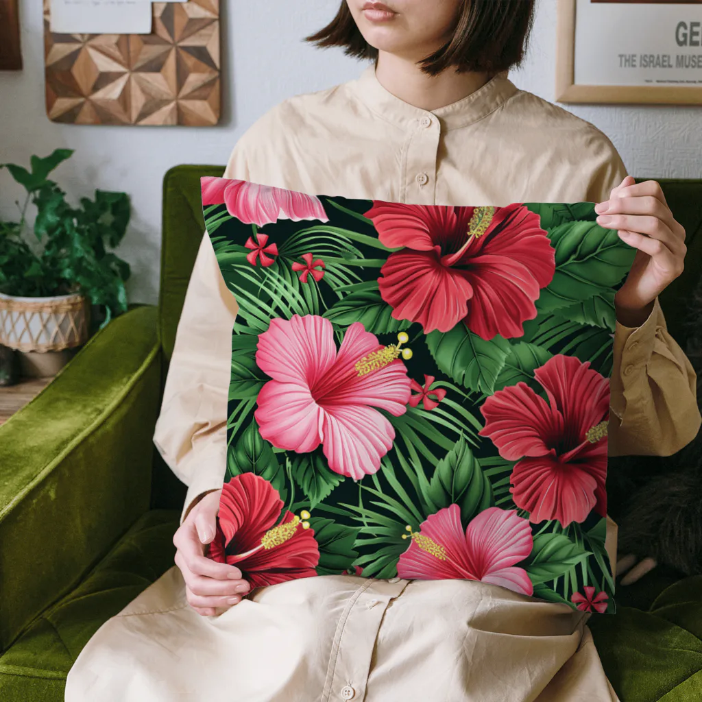 オンラインショップイエローリーフの赤色の花ハイビスカス Cushion