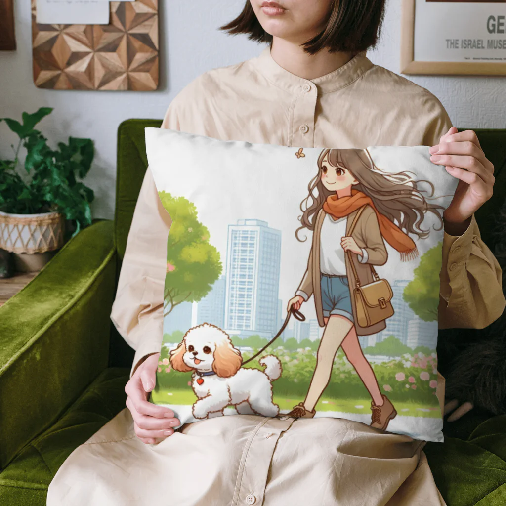 南国のかわいい犬と散歩をする女性 Cushion