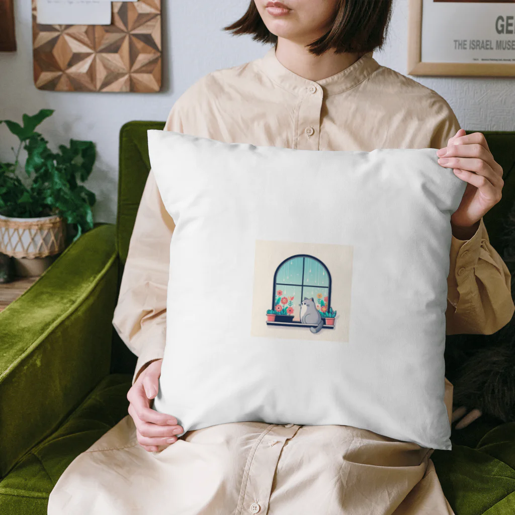 暇人ショップへようこそ！の窓の外を眺めるシンプルで可愛い猫 Cushion