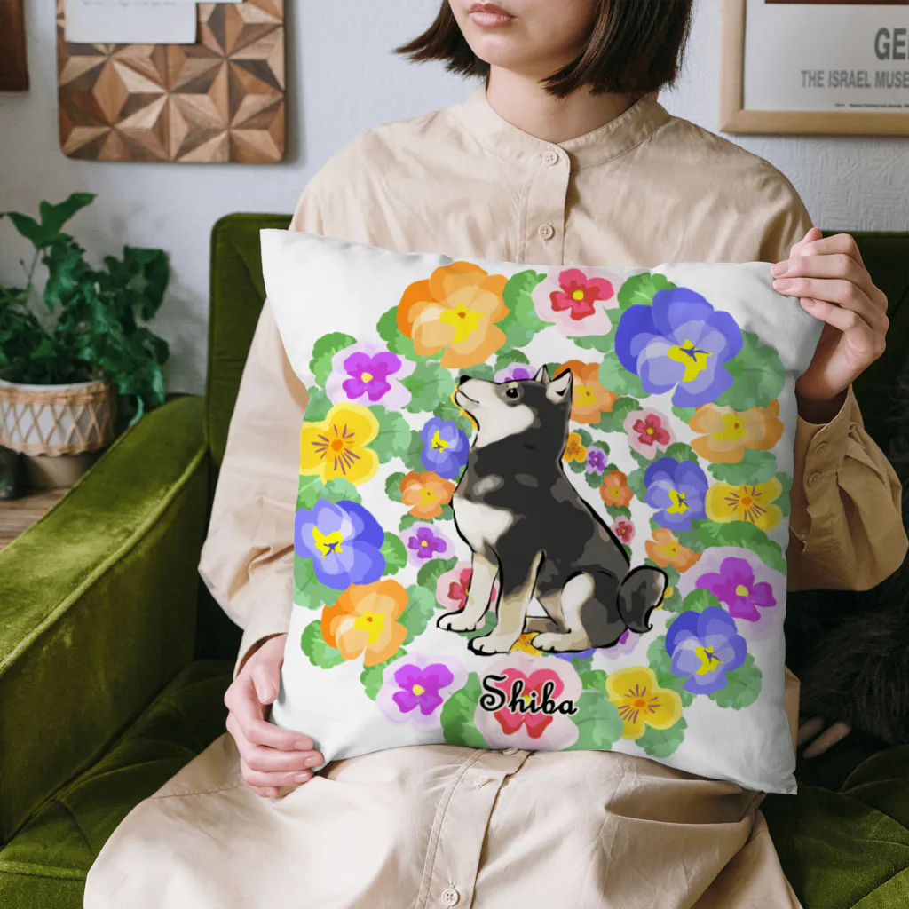 犬グッズの店しえるぶるーのパンジーのリース　黒柴 Cushion