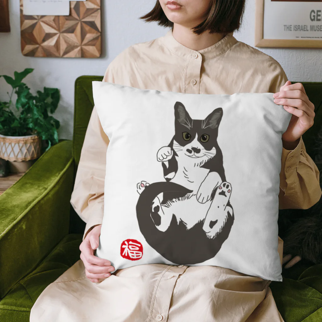 小鳥と映画館の加筆版 招き猫 ハチワレ Cushion