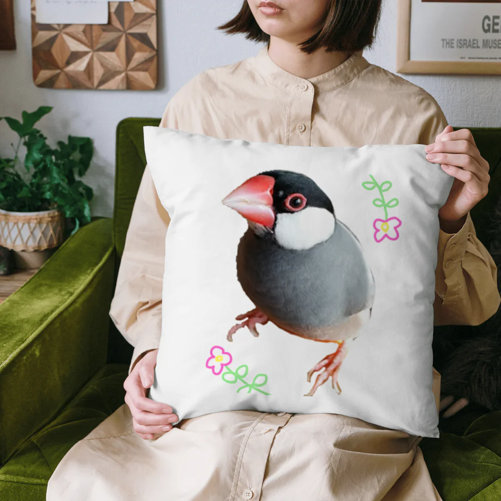 harupink🌸ペット似顔絵illustのFLOWER文鳥さん Cushion