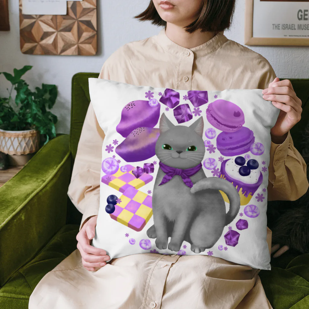 ネコのひたいのニャンコと美味しい時間シリーズ「PURPLE・スイーツ」背景無し Cushion