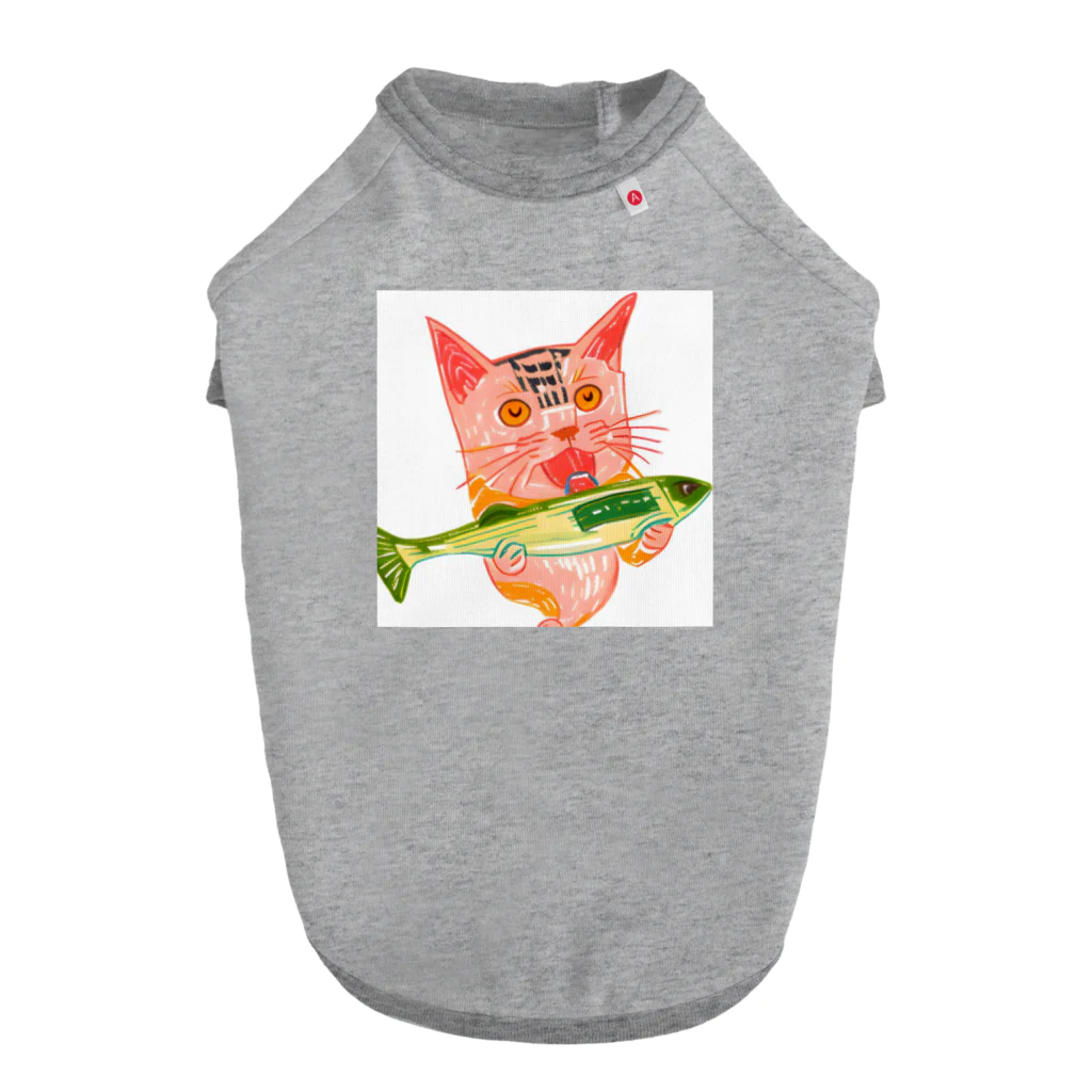 美味しそうなものやさんの秋刀魚を美味しそうに食べる猫 ドッグTシャツ