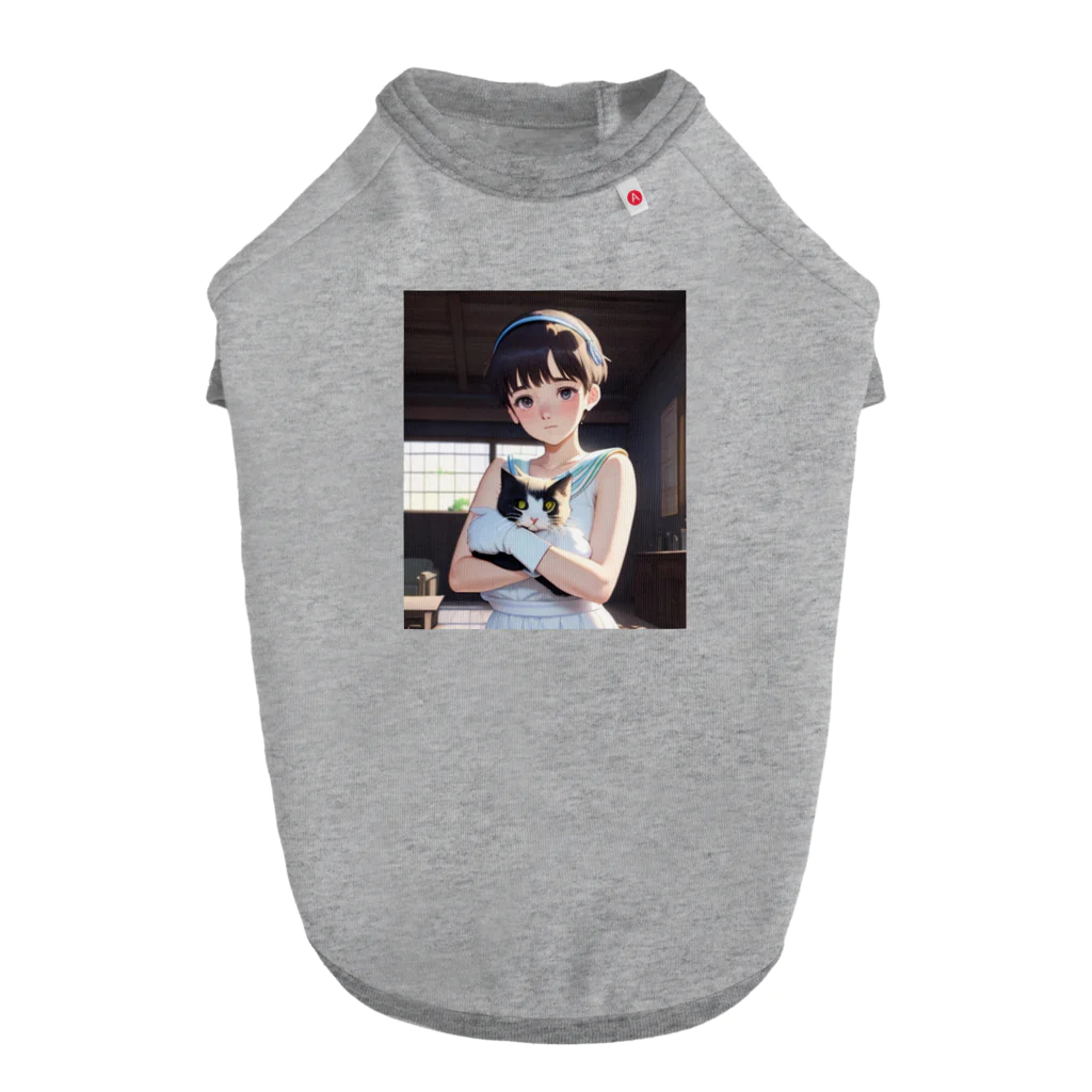 りょうの超貴重なレトロアニメスタイルの女の子と猫のイラスト ドッグTシャツ