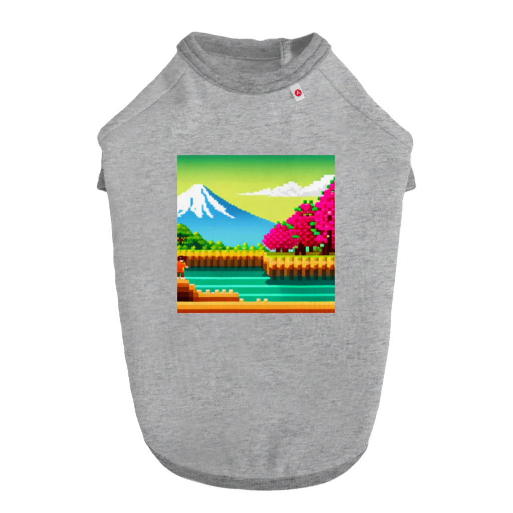 ハッピー・ラッキー・モンキーのドット絵・富士山 ドッグTシャツ