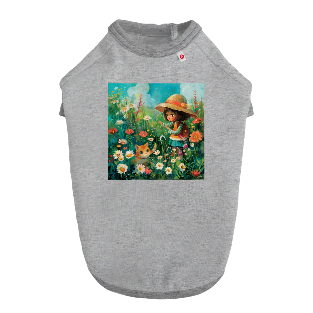 AQUAMETAVERSEのお花畑に囲まれる猫ちゃんと私 アメジスト 2846 Dog T-shirt