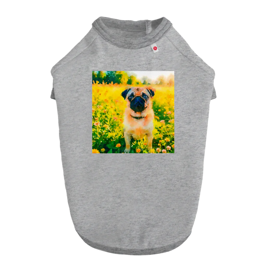 犬好きのしましまの水彩画の犬 花畑のパグのイラスト Dog T-shirt