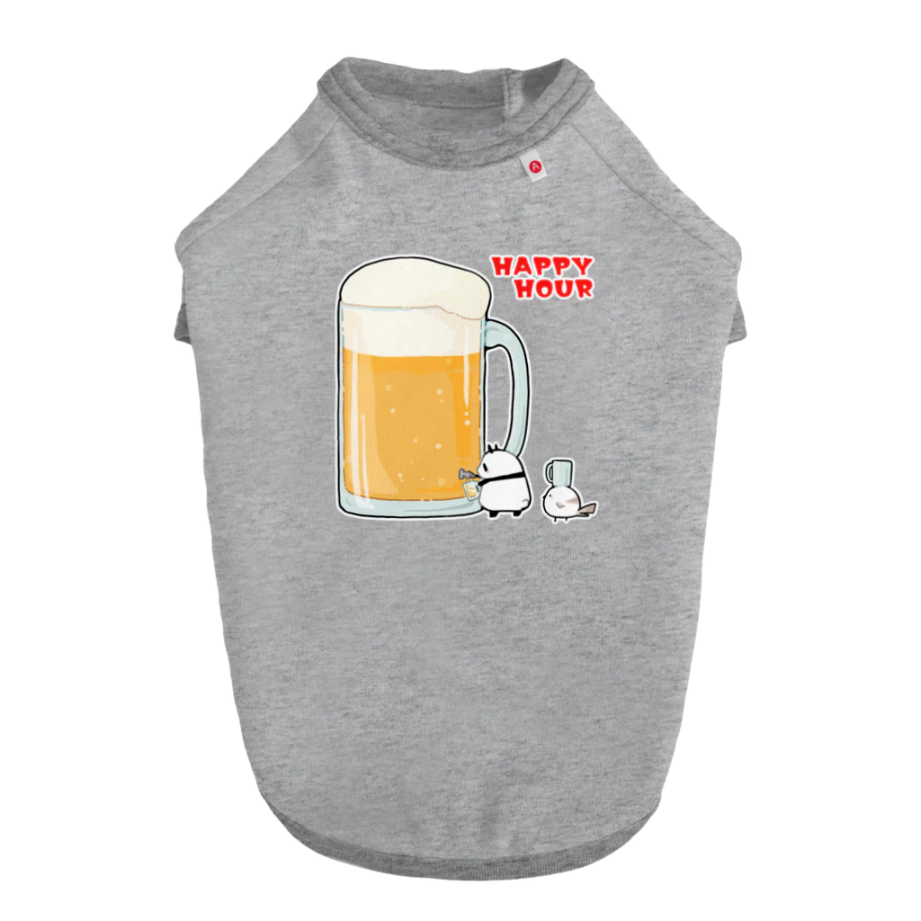 うさやのハッピーアワーでビール祭りを開催するパンダとシマエナガ ドッグTシャツ