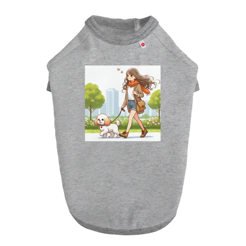 南国のかわいい犬と散歩をする女性 Dog T-shirt