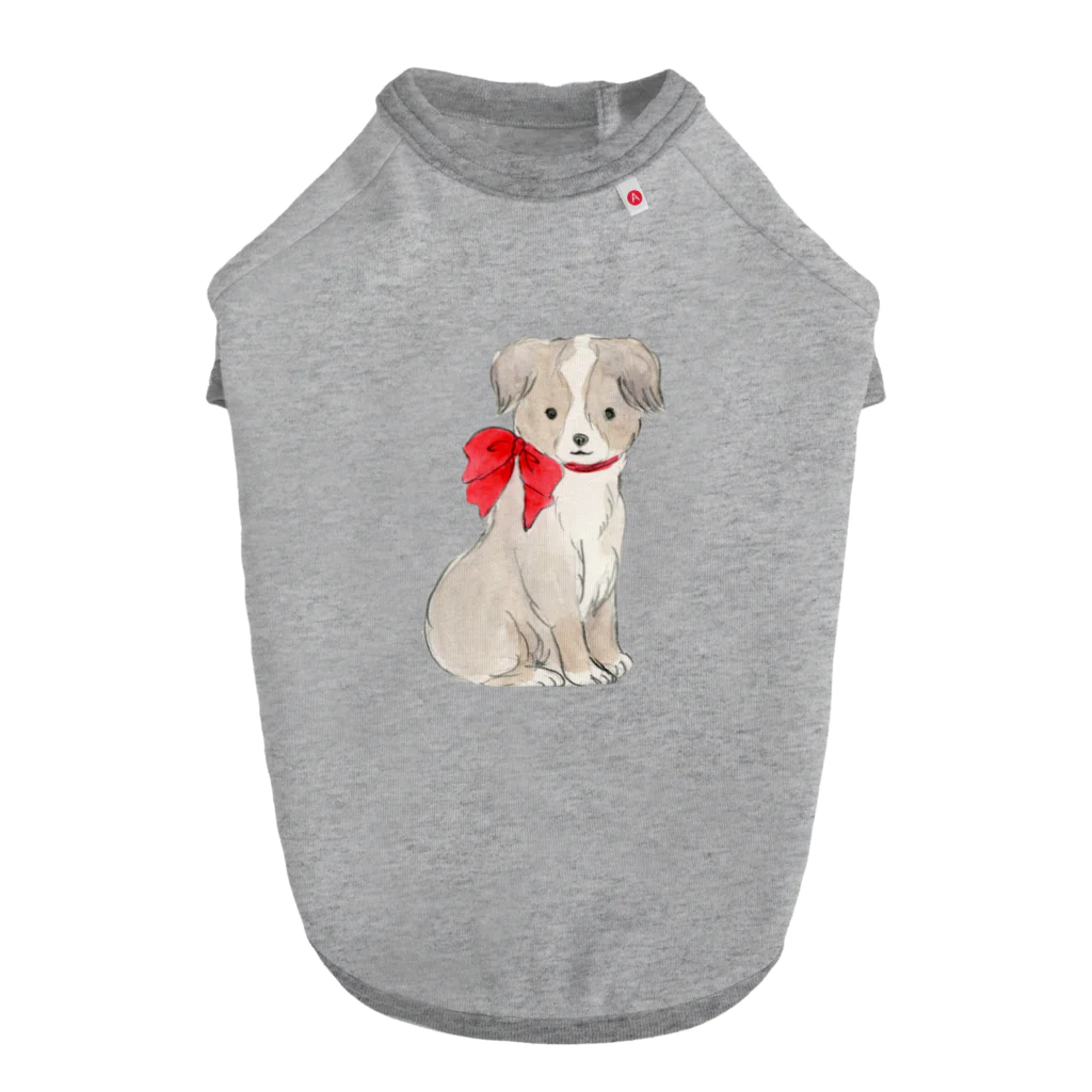 小さな星の庭の赤いリボンの犬 Dog T-shirt