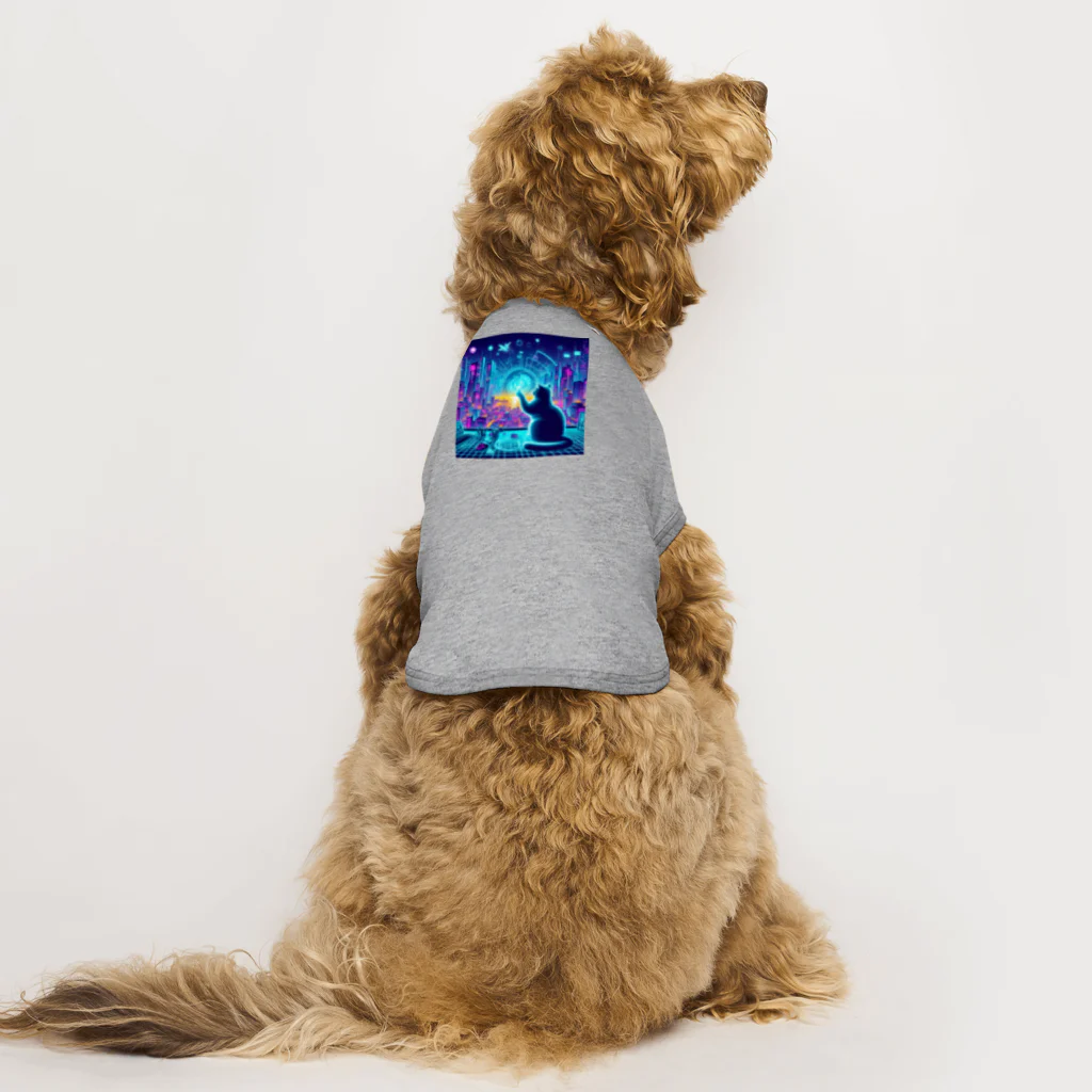 ニャーちゃんショップのサイバー都市でホログラフィックな街並みを楽しむネコ Dog T-shirt