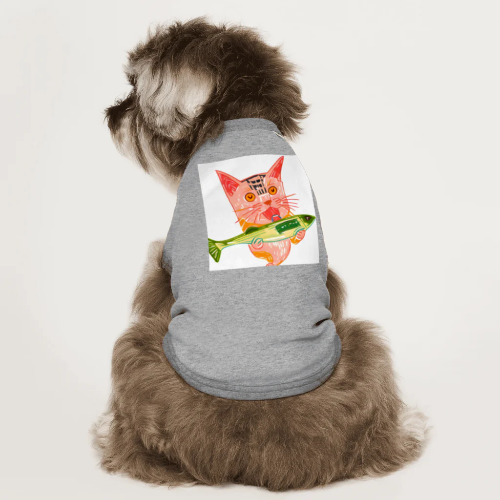 美味しそうなものやさんの秋刀魚を美味しそうに食べる猫 ドッグTシャツ