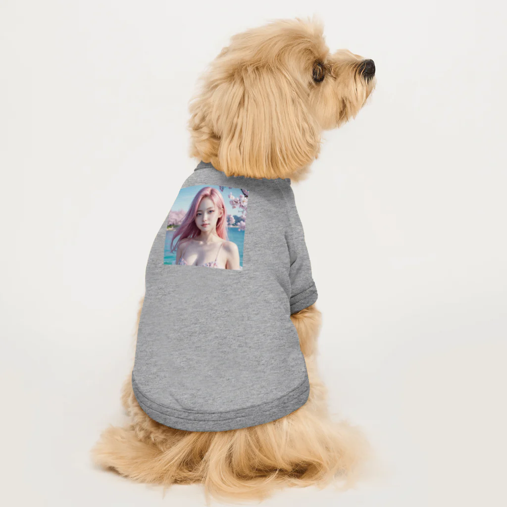 AI goddessの桜と川と青空と、ピンクの髪の女の子 Dog T-shirt