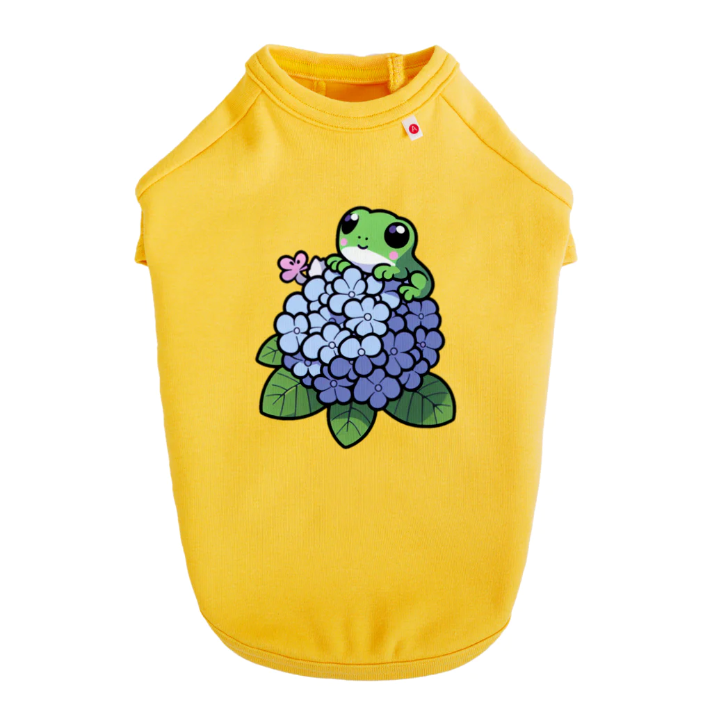 終わらない夢🌈のあじさいの花と🐸カエル君 ドッグTシャツ