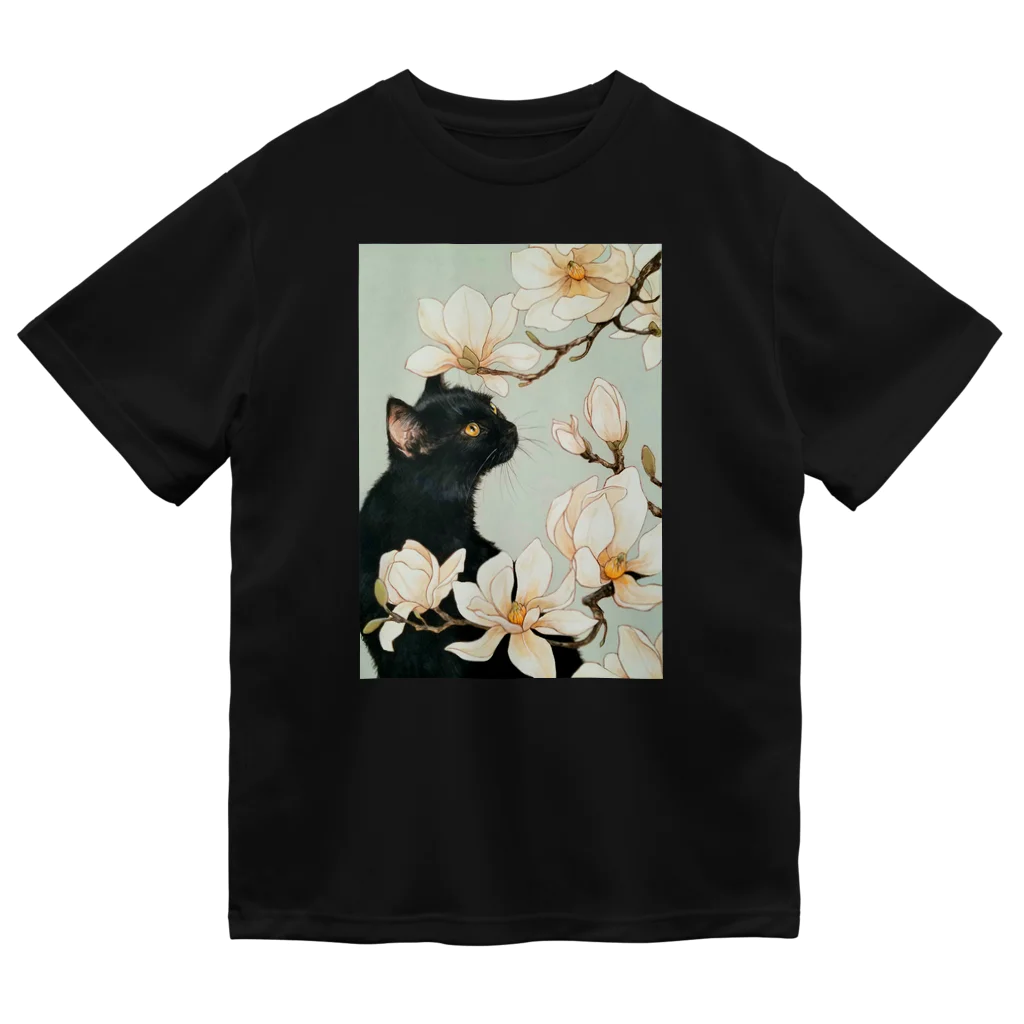 おちょぴの白木蓮と黒猫 ドライTシャツ