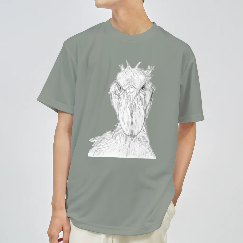 森図鑑の[森図鑑] ハシビロコウの顔 鉛筆画 Dry T-Shirt