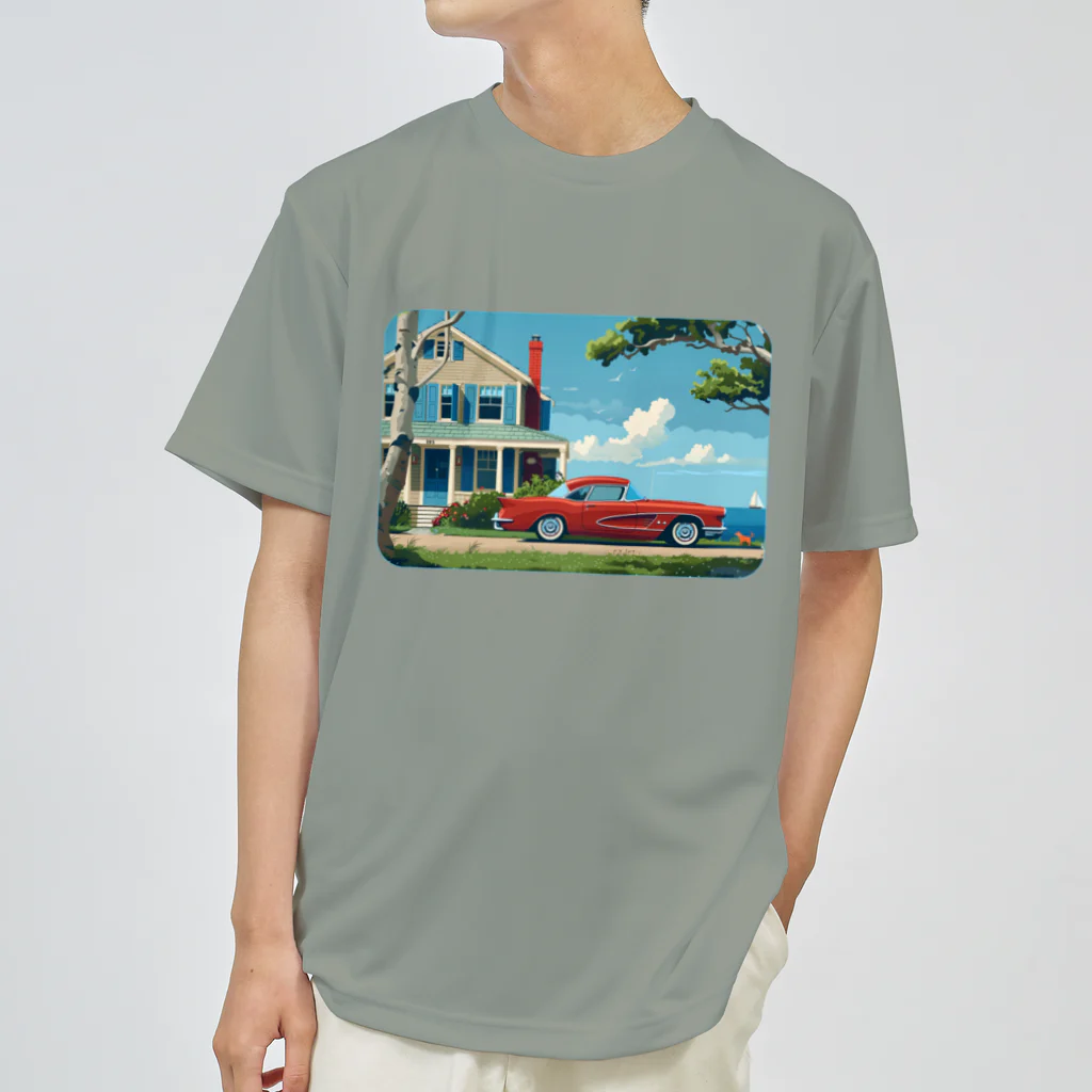 MistyStarkの赤いコルベットと海辺の家　－　red corvette and seaside house　－ ドライTシャツ