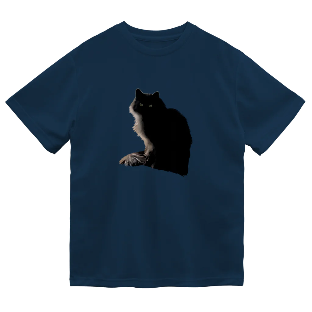 小鳥と映画館の左から光が当たっている黒猫 ドライTシャツ