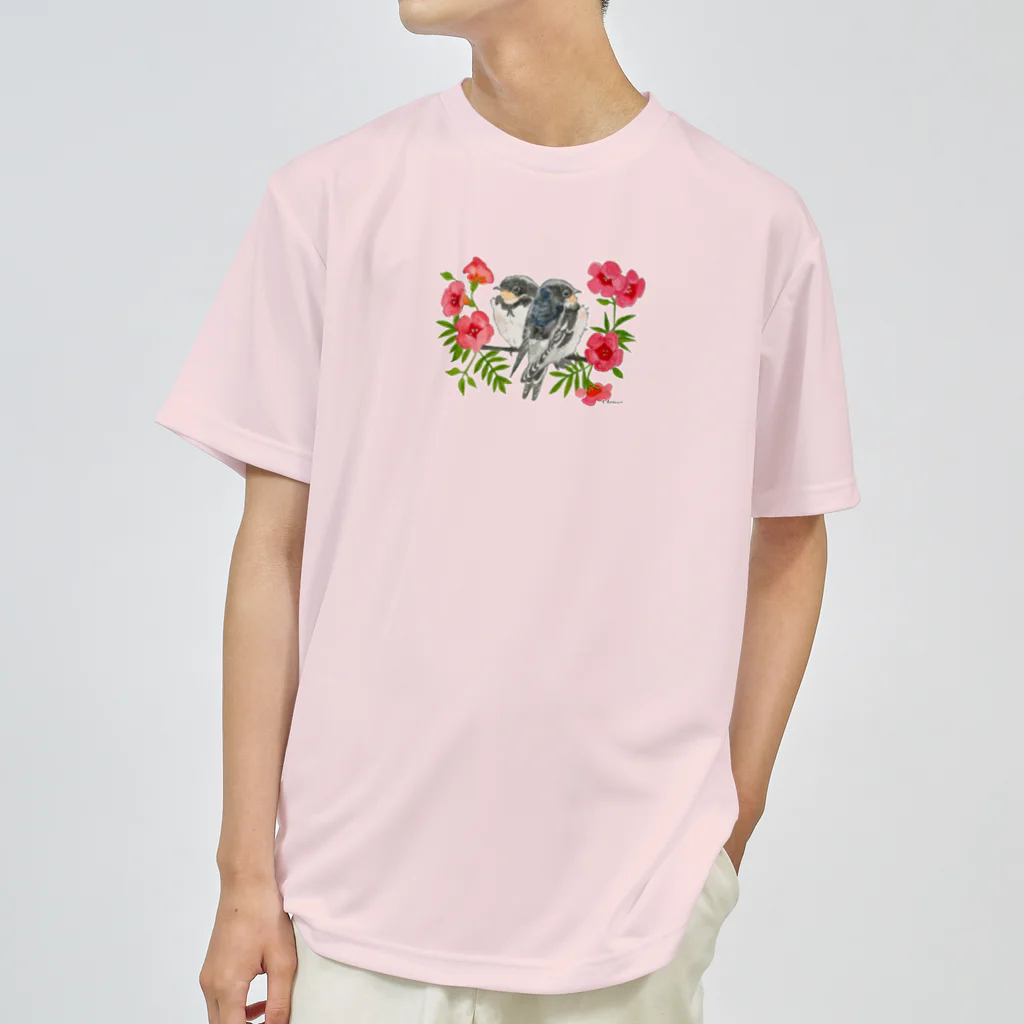 Wild bird paradiseの巣立ち燕とノウゼンカズラ ドライTシャツ