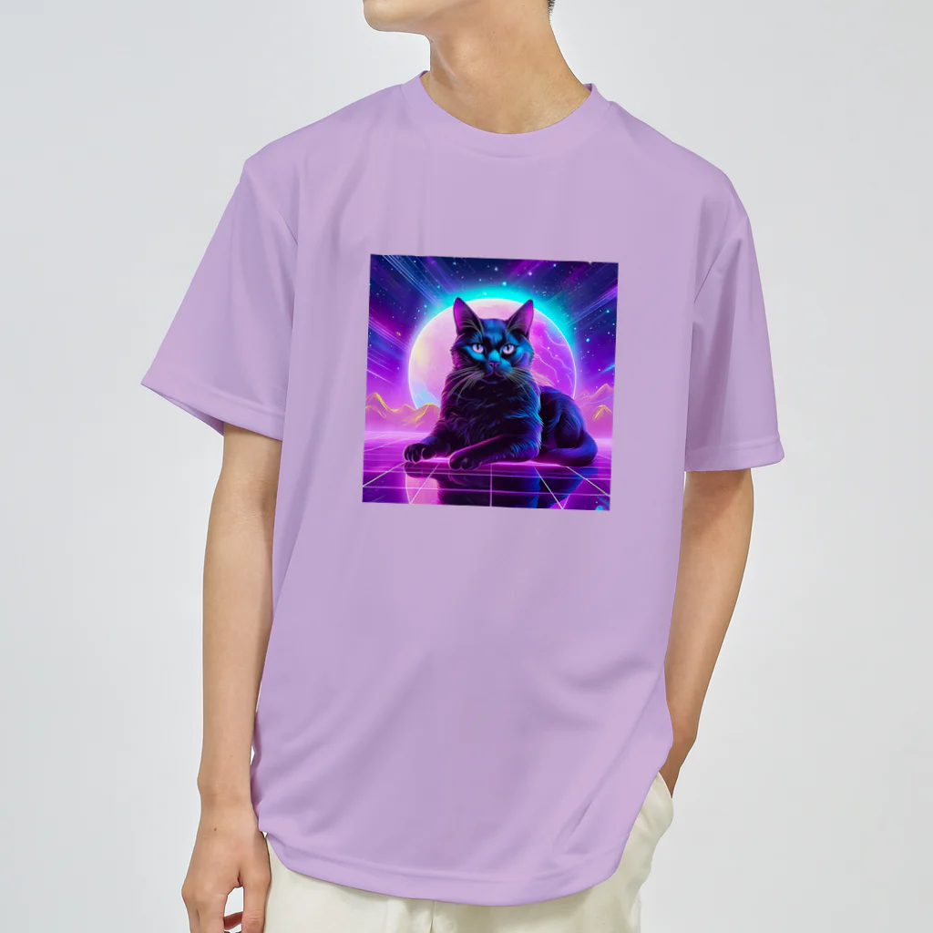 黒猫ファブリックのBlack Cat in The VaporWave World.(蒸気波世界のクロネコ) ドライTシャツ