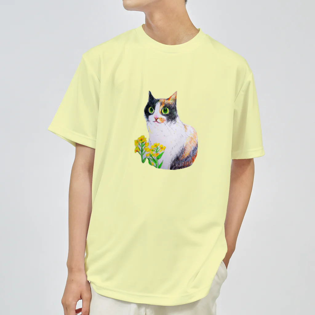 harupink🌸ペット似顔絵illustの三毛猫と菜の花 ドライTシャツ