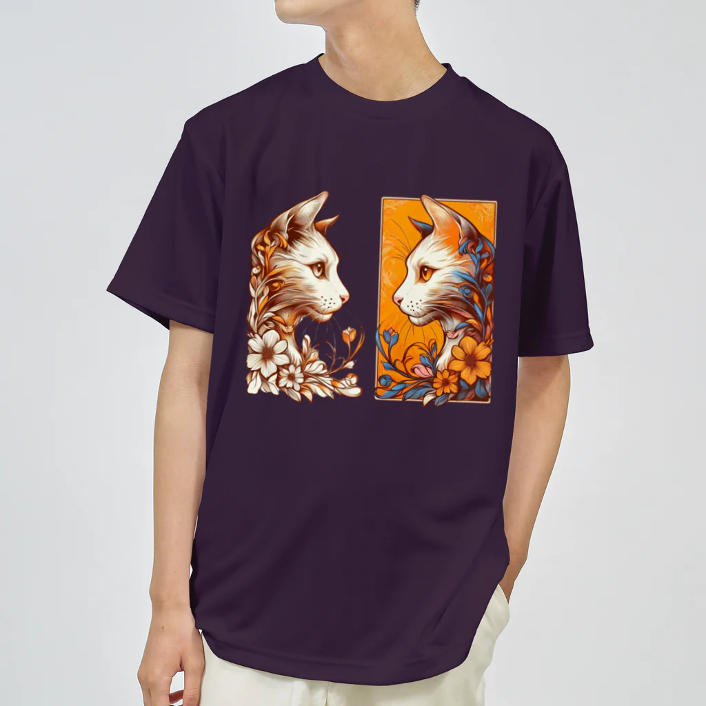 猫の世界のアールヌーボーな双子猫 ドライTシャツ