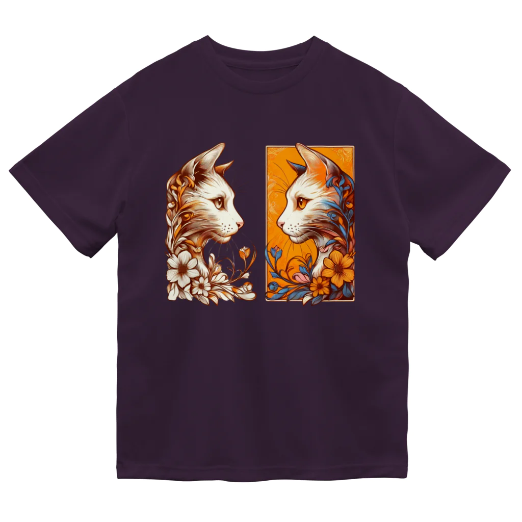 猫の世界のアールヌーボーな双子猫 ドライTシャツ