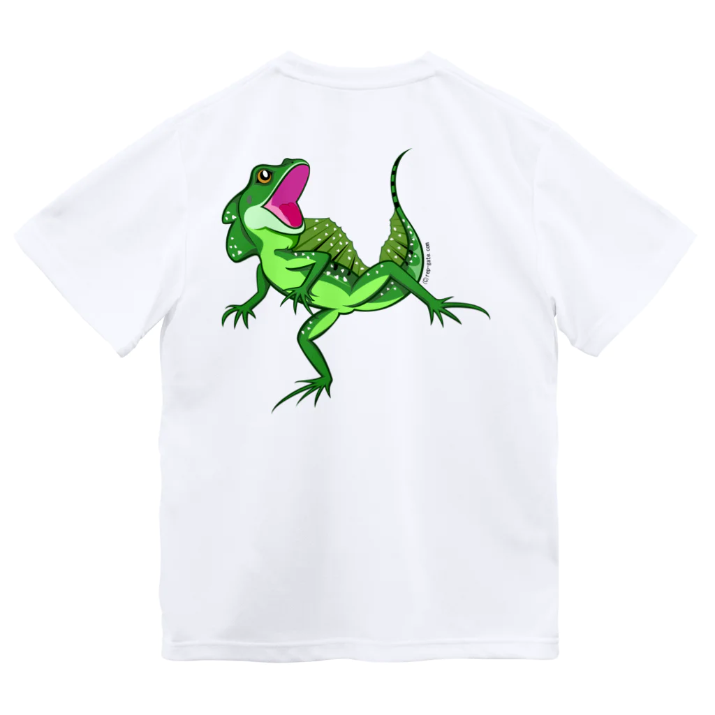 もむのふの爬虫類グッズやさんの水辺の忍者グリーンバシリスクバックプリント Dry T-Shirt