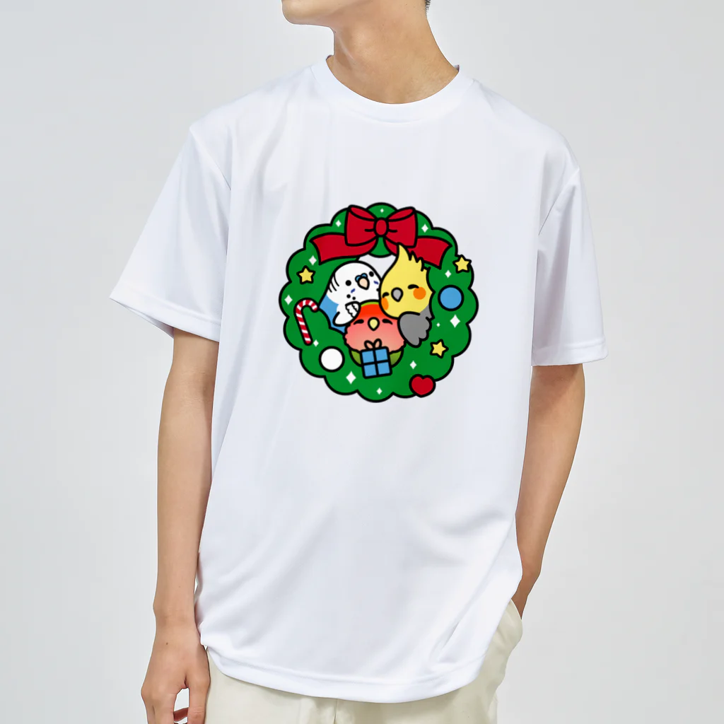 Cody the Lovebirdのクリスマスリース　セキセイインコ、オカメインコ、コザクラインコ　Chubby Bird ドライTシャツ