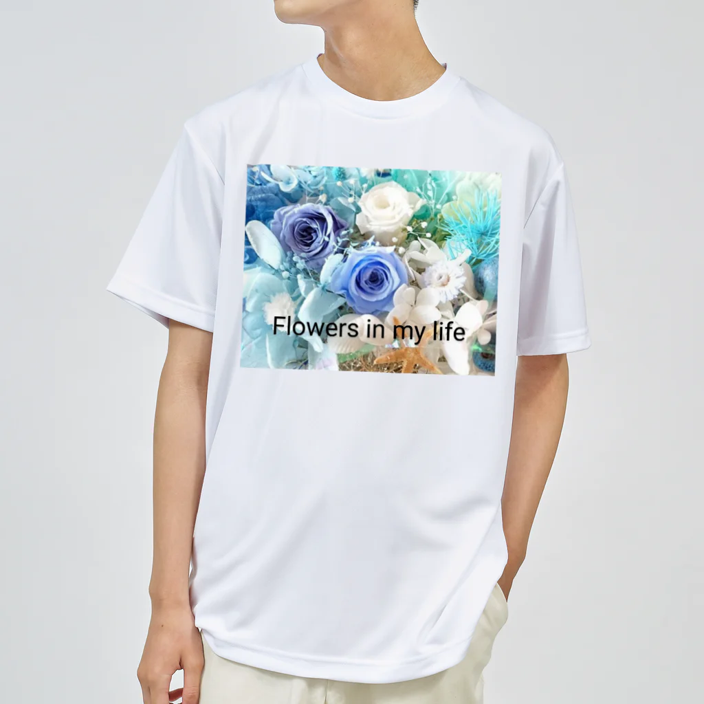 meke flowersのマリンブルーローズとシェルのおしゃれな花柄　ロゴ入り Dry T-Shirt