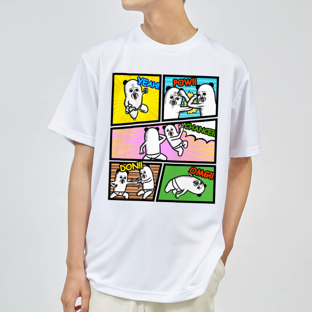 mamezoのパンダおっさんコミック風 ドライTシャツ