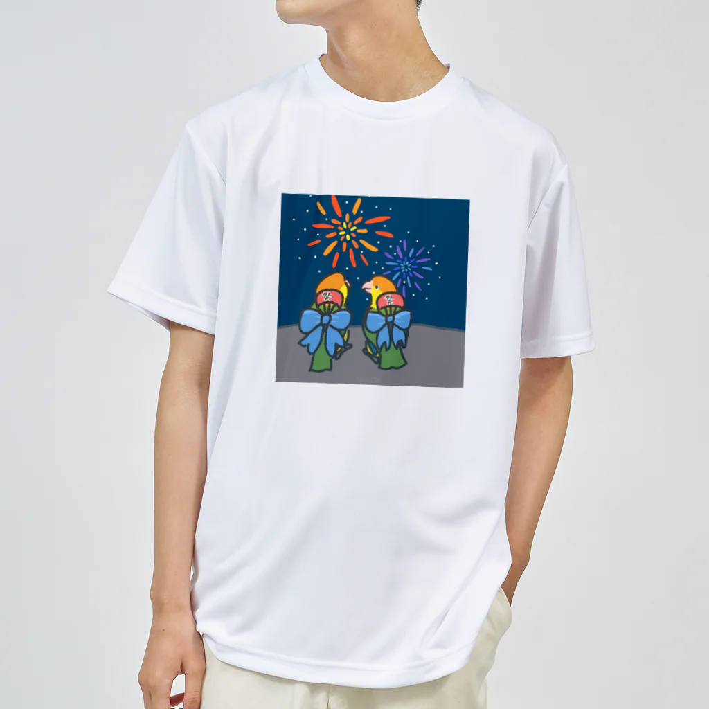 ねぐせSHOPの花火とシロハラちゃん ドライTシャツ