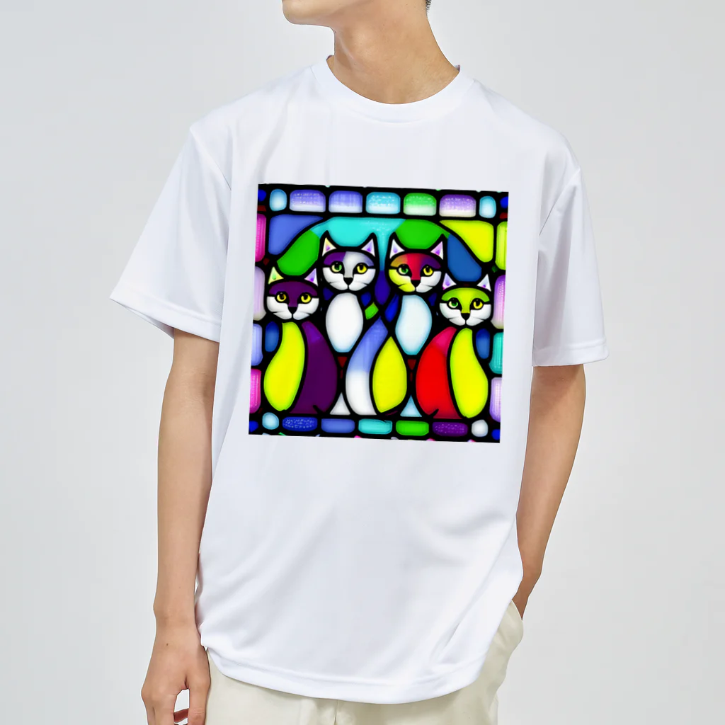 縞模様の4匹の猫B　ステンドグラス風 ドライTシャツ