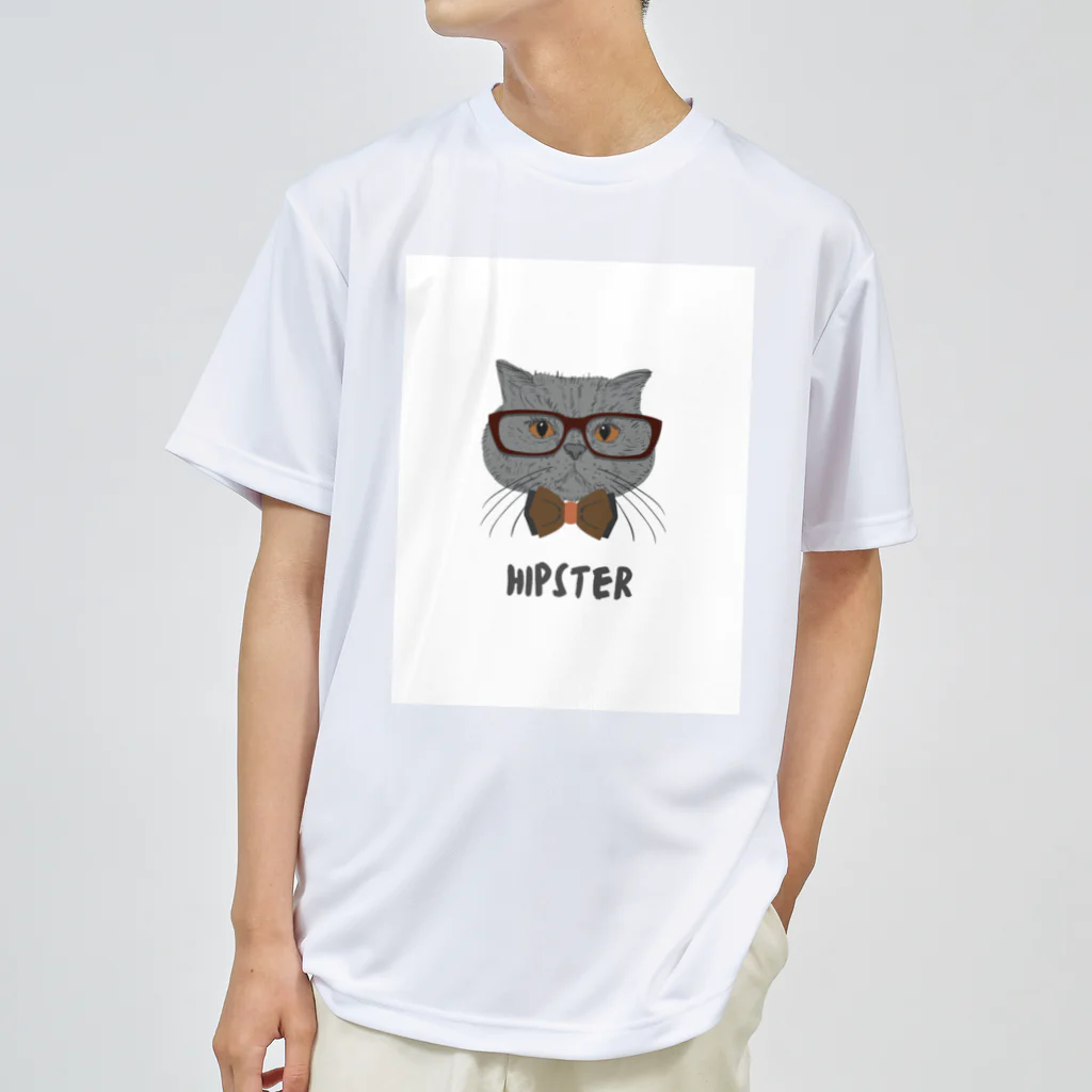 ただの猫好きのGrey Illustrated Cat Hipster T-Shirt ドライTシャツ