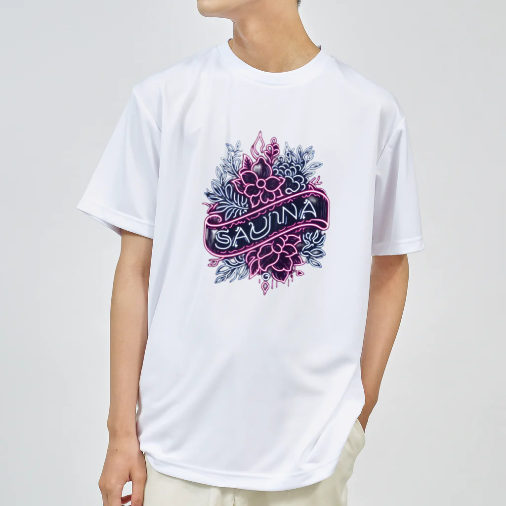 N SAUNA LOGOのネオン風花柄サウナロゴ11　花柄ver.4 ドライTシャツ