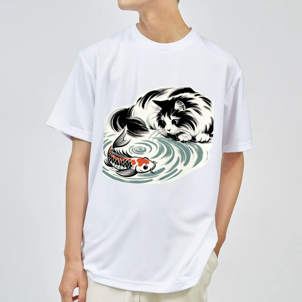MakotOの猫と鯉（水墨画風） ドライTシャツ