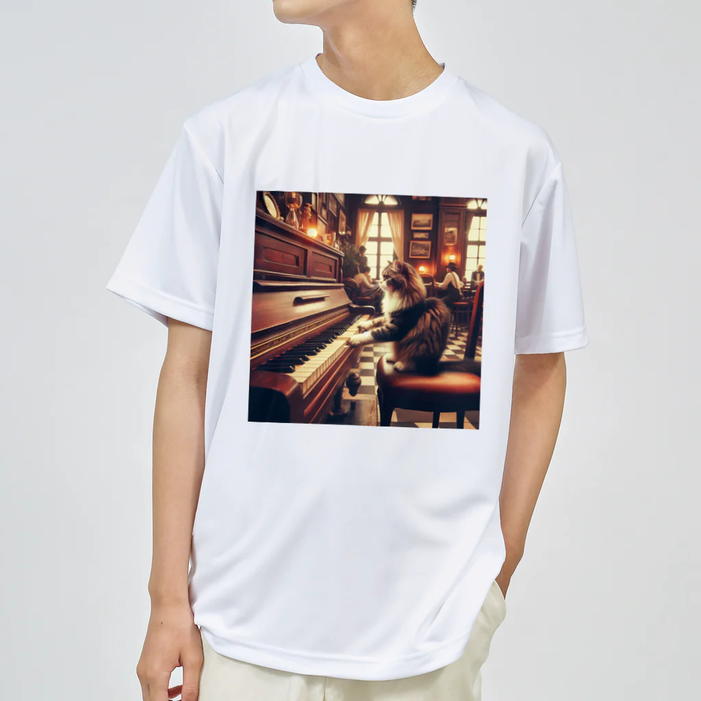 ニャーちゃんショップのヴィンテージなカフェでピアノを弾いている猫 Dry T-Shirt
