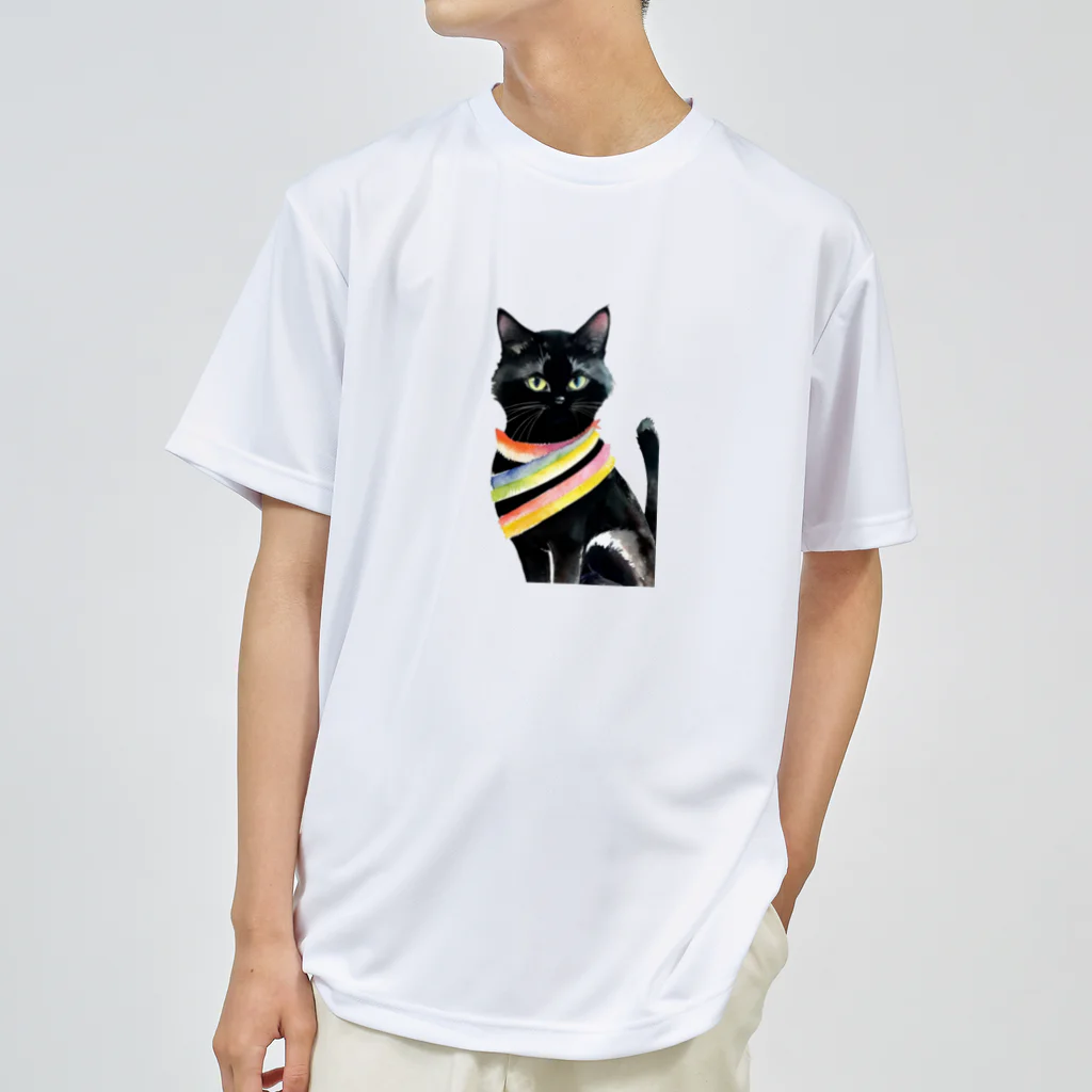 幸運のしっぽの黒猫と虹の首輪 ドライTシャツ